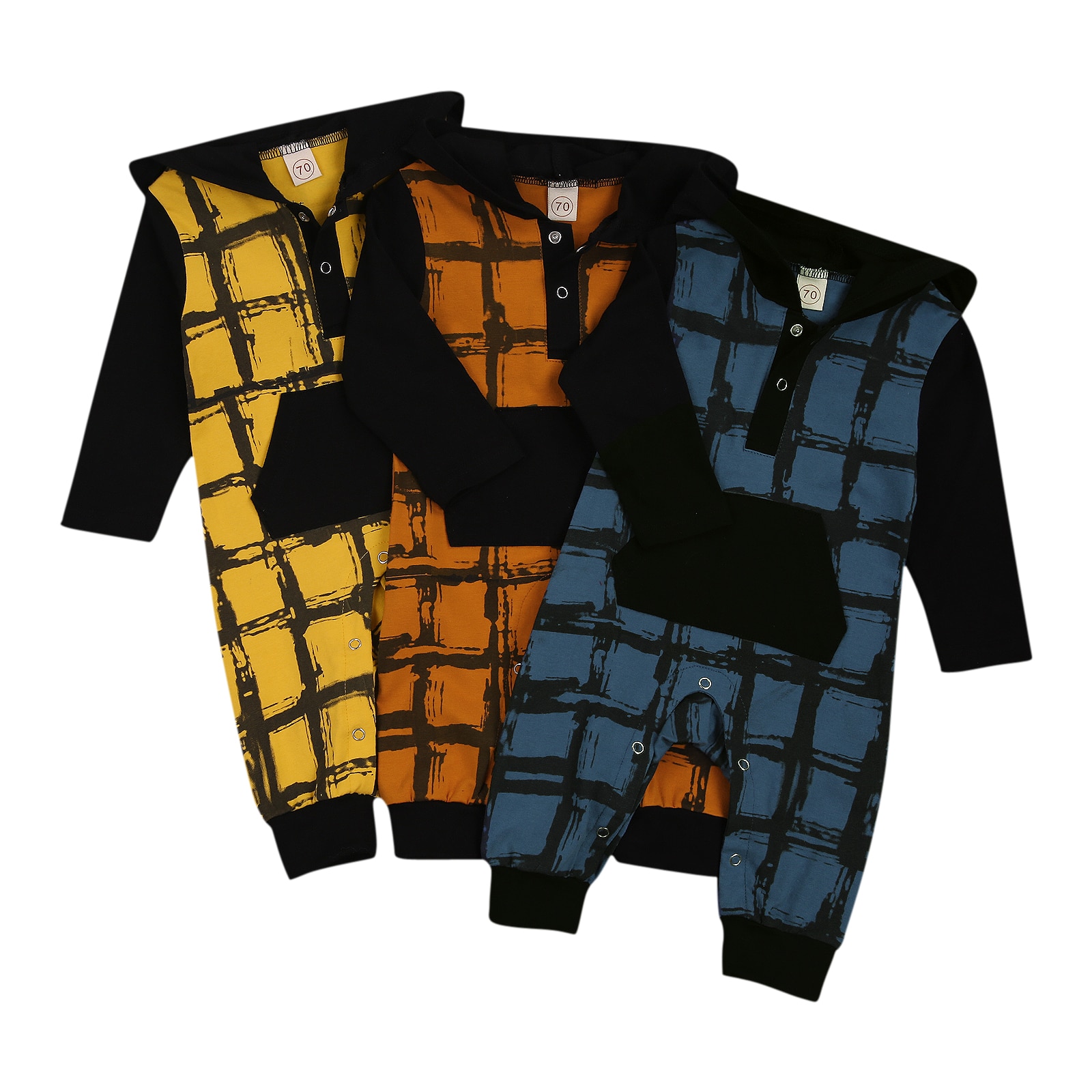 0-24M Baby Jongen Meisje Hooded Jumpsuit Lange Mouwen Plaid Print Button Een Stuk Romper Met Pocket