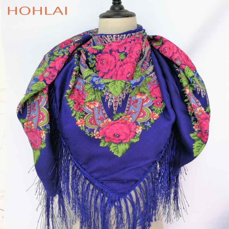 Vrouwen hart bedrukte kwast sjaals, russische grote maten bandana, warme poncho, stola sjaal: Koningsblauw