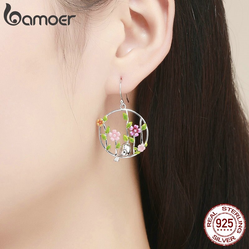 BAMOER Genuine 925 Sterling Silver Blooming Forest Birds Secret Earrings for Women Sterling Silver Earrings Jewelry SCE480