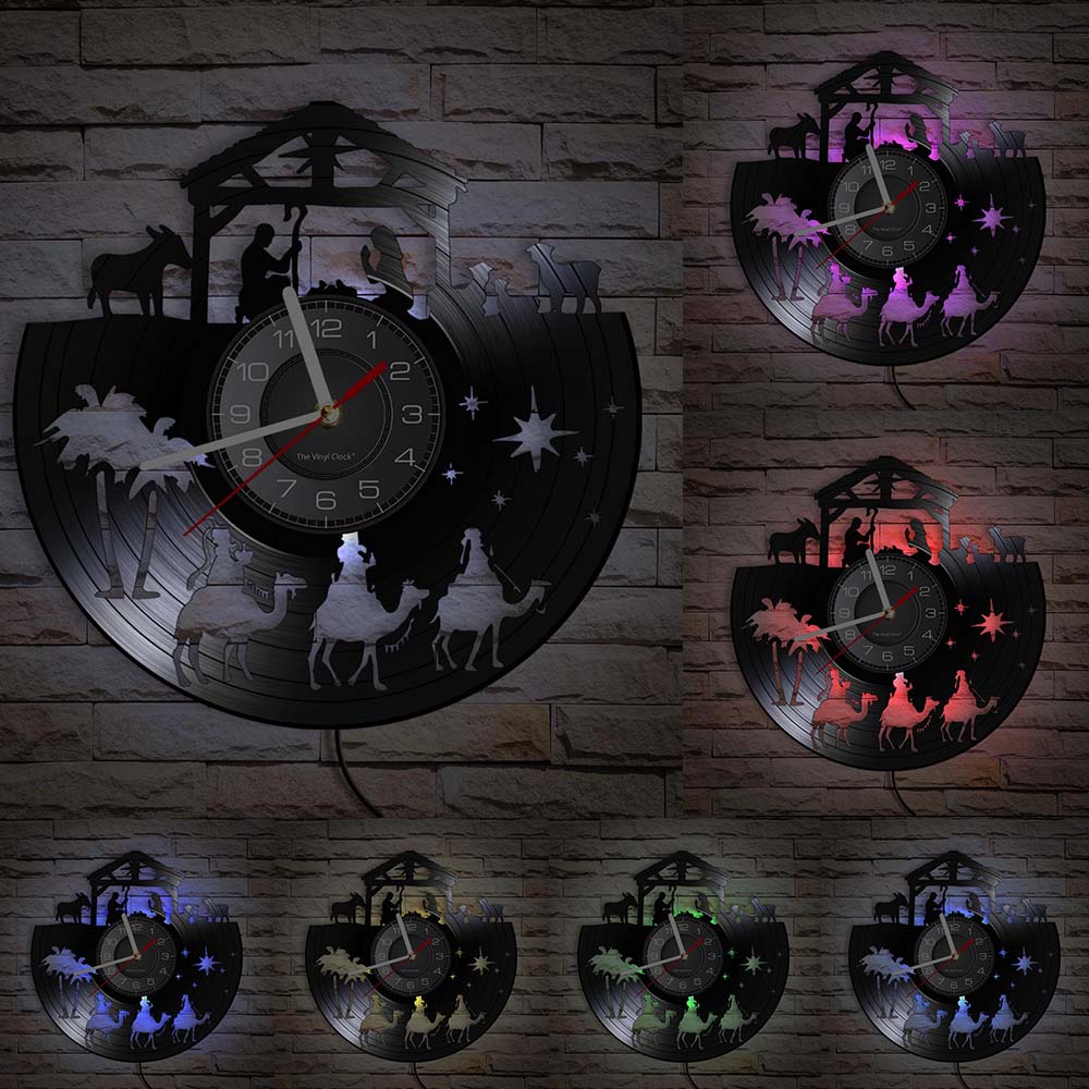 Reloj de pared clásico de vinilo con inscripción cristiana, reloj de pared con inscripción religiosa de Menino Jesus, decoración para el hogar, reloj de pared con fe inspiradora: With LED