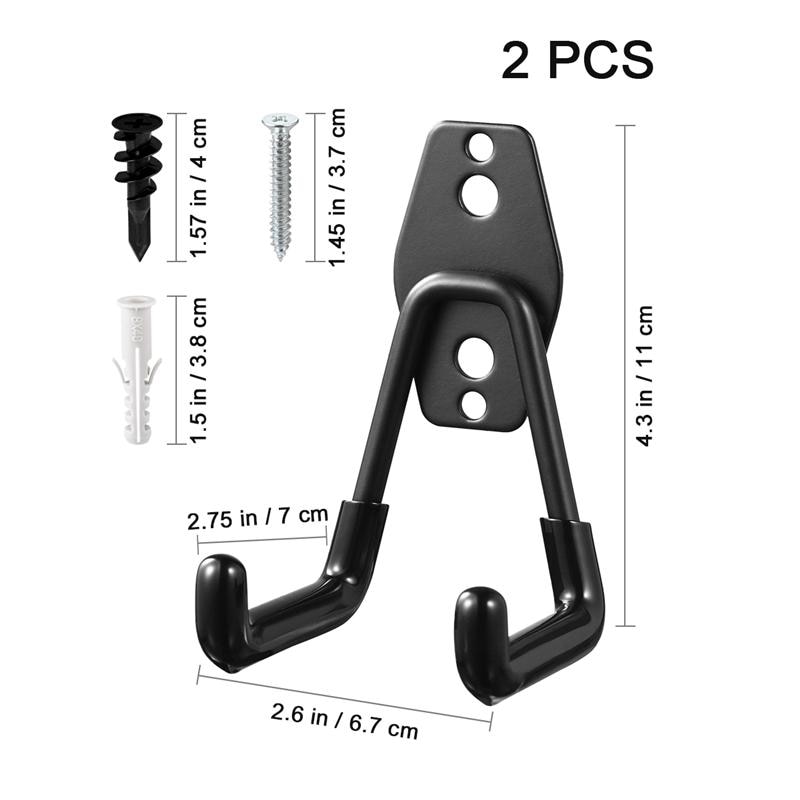 2 Pcs Garage Storage Utility Hooks Wall Mounted Hanging Hooks Metal U-Hooks Tool Organizers for Garden Tools Ladders (Black)