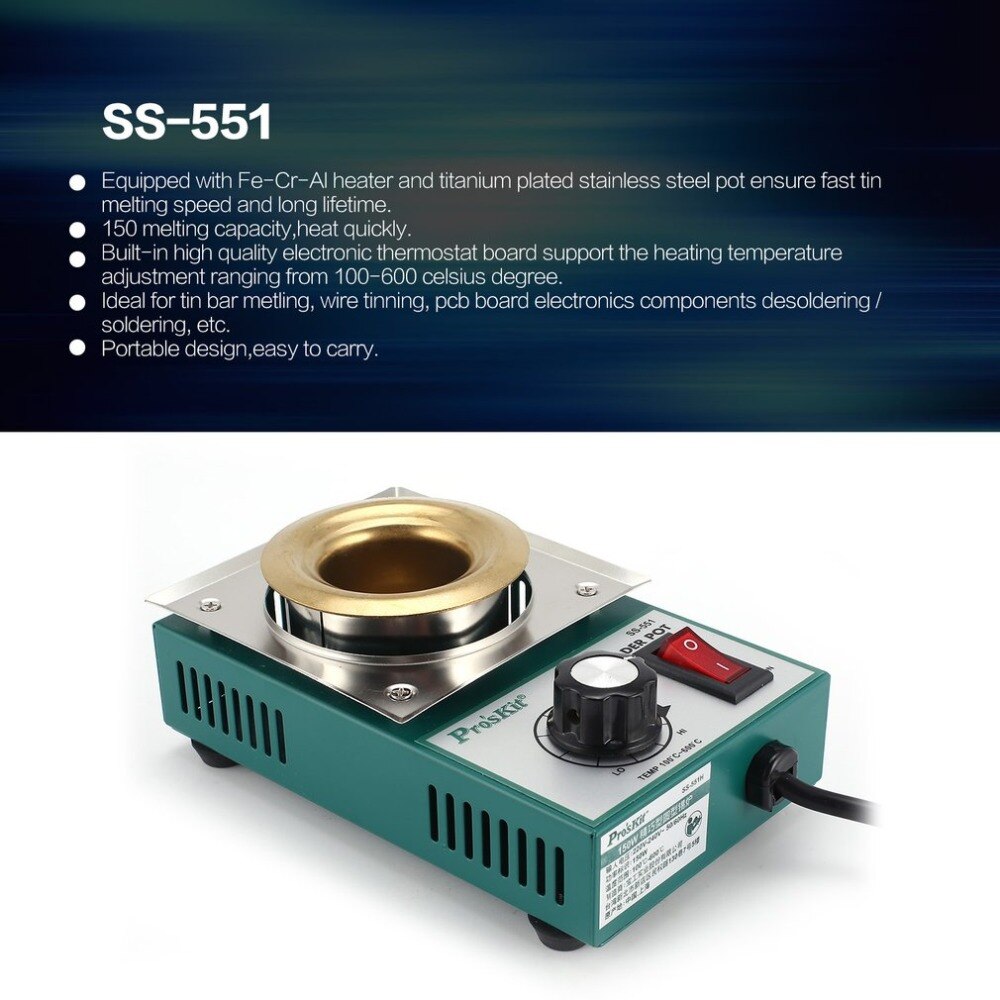 Horno para desoldar soldadura de estaño de crisol Proskit de 150W, herramienta de soldadura de temperatura ajustable de calefacción rápida de 100-600 grados
