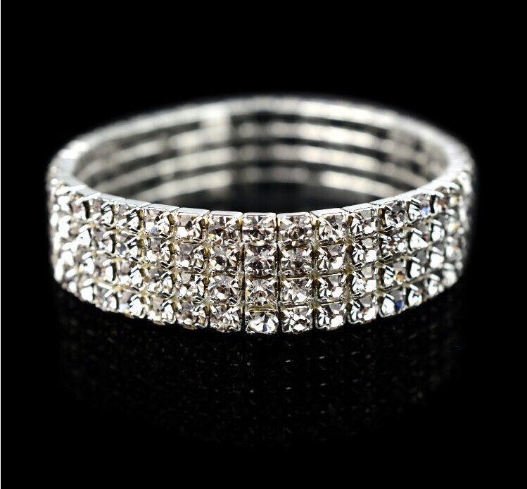 1 To 8 Rows Full Crystal Rhinestone Elastic Bracelet Silver Color Bangle Bling Wristband Women Wedding Bridal Jewelry