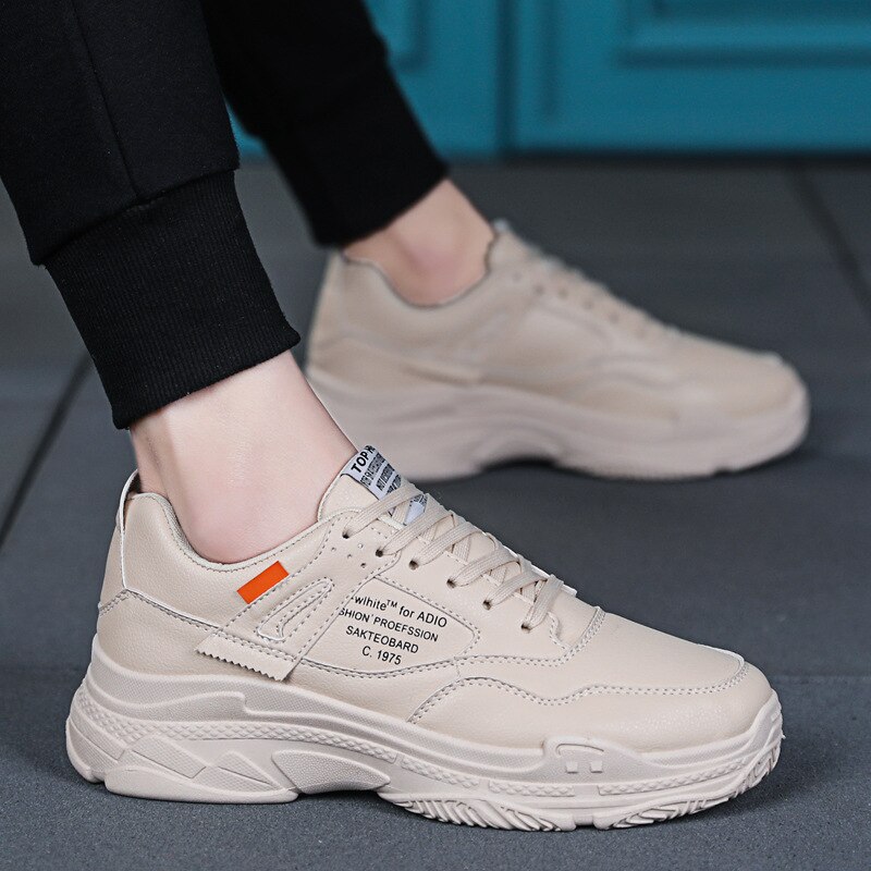 Dikke Zool Lederen Sneakers Mannen Zwart Beige Wit Sneakers Street Heren Schoenen Lederen Schoenen Man Casual Schoenen: Beige / 8.5