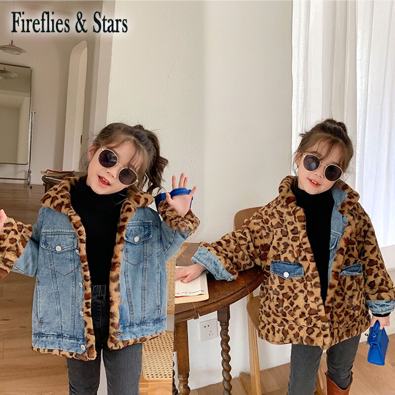 Winter Autumn Girls Denim Coat Baby Jacket Children Warm Outwear Kids Streetwear Clothes Leopard Fur 2 Side Wear 3 To 11 yrs