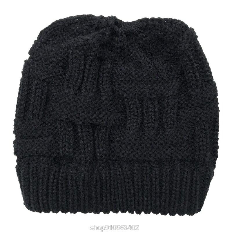 Chunky Plaid Knitted Beanie Hat with Ponytail Hole High Messy Bun Solid Color Stretch Skull Cap Ear Warmer N06 20: BK