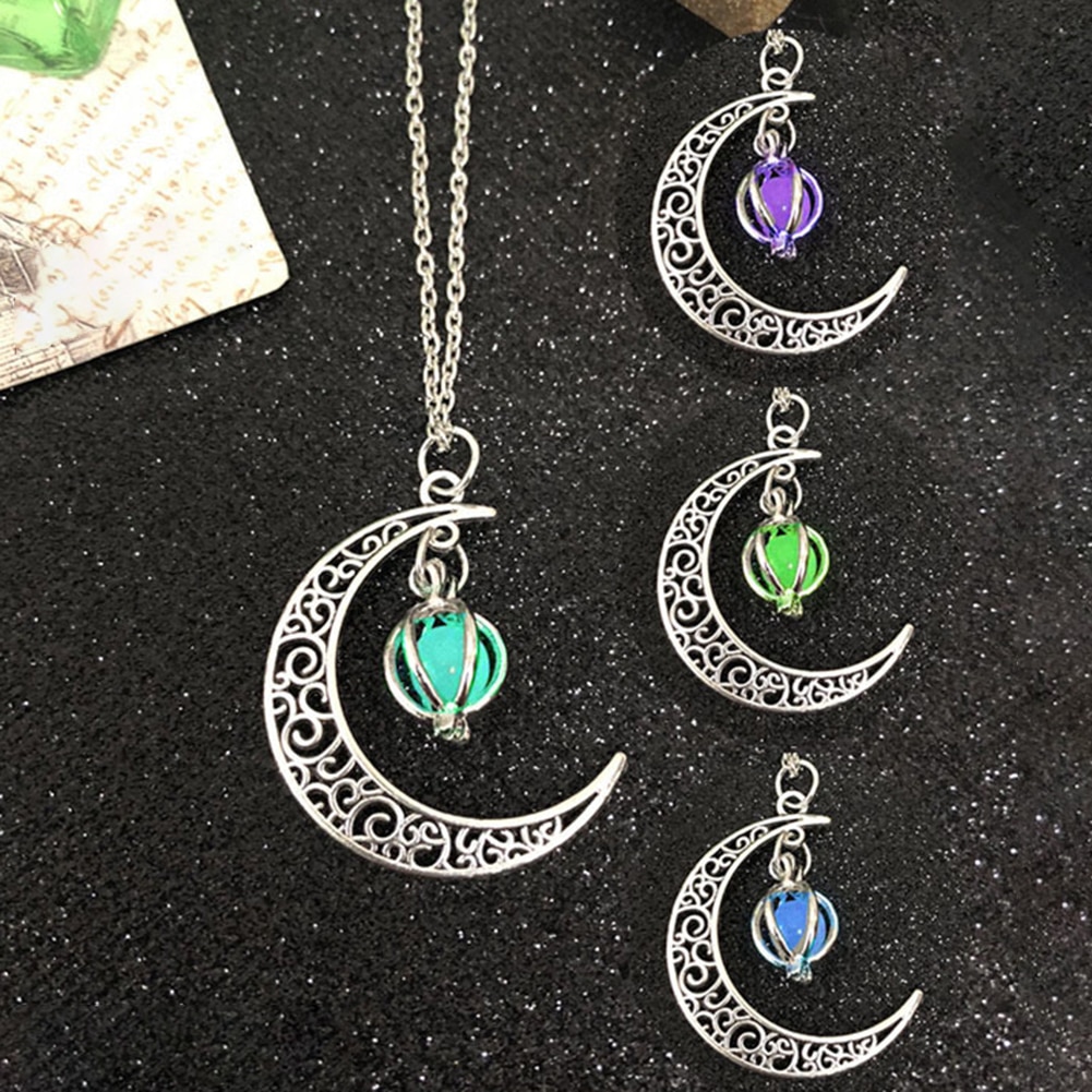 Neue Frau Hohl Mond Vogelkäfig Anhänger leuchtend glühen Kette Halskette Schmuck