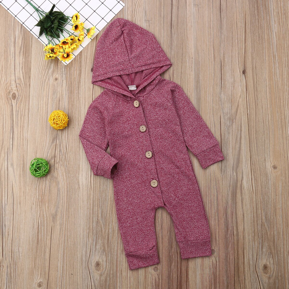 Baby Hoodie Romper Long Sleeves Comfortable Solid Button Jumpsuit Newborn Boy Girl Outfit