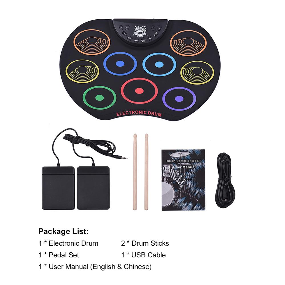 Compact Size Roll-Up Drum Set Electronic Drum Kit 9 Silicon Drum Pads USB/Battery Powered with Drumsticks Foot Pedals Great Holi