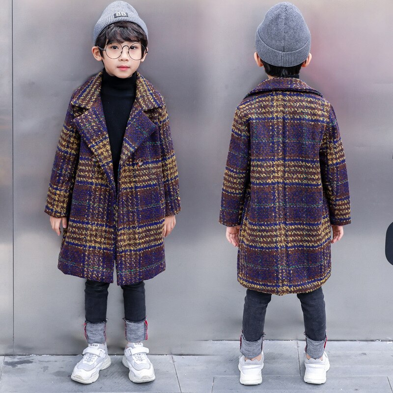 Boy winter quilted trench coat Boy anti-style woolen coat Boy lapel warm jacket Boy's long woolen windbreaker: Blue / 5T