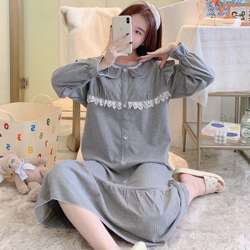 2022 Lente Lange Mouwen Katoenen Losse Lange Jurk Nightgowns Voor Vrouwen Koreaanse Nachtkleding Homewear Nachtjapon Nachthemd Thuis Nachtjapon