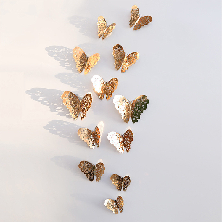 12 Pcs/Set 3D Wall Mirror Stickers Hollow Butterfly for Kids Rooms Home Wall Decor DIY Decals Fridge Stickers Room Decoration: Champagne gold A