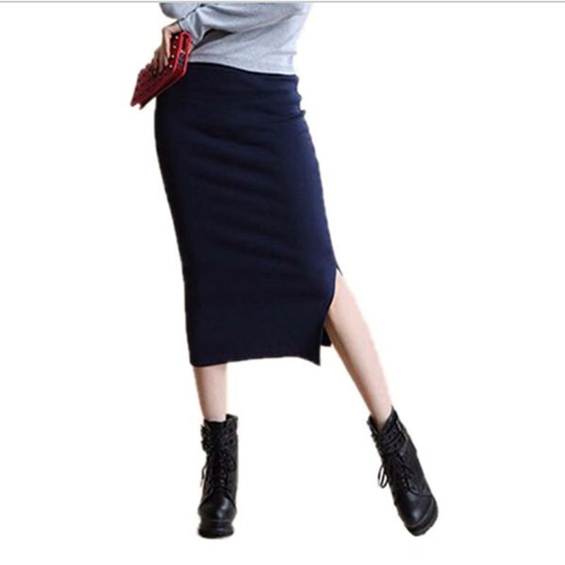 faldas de invierno Sexy Chic faldas lápiz lana Rib Knit falda con cintura elástica Paquete de división de cadera Midi falda Maxi Vintage