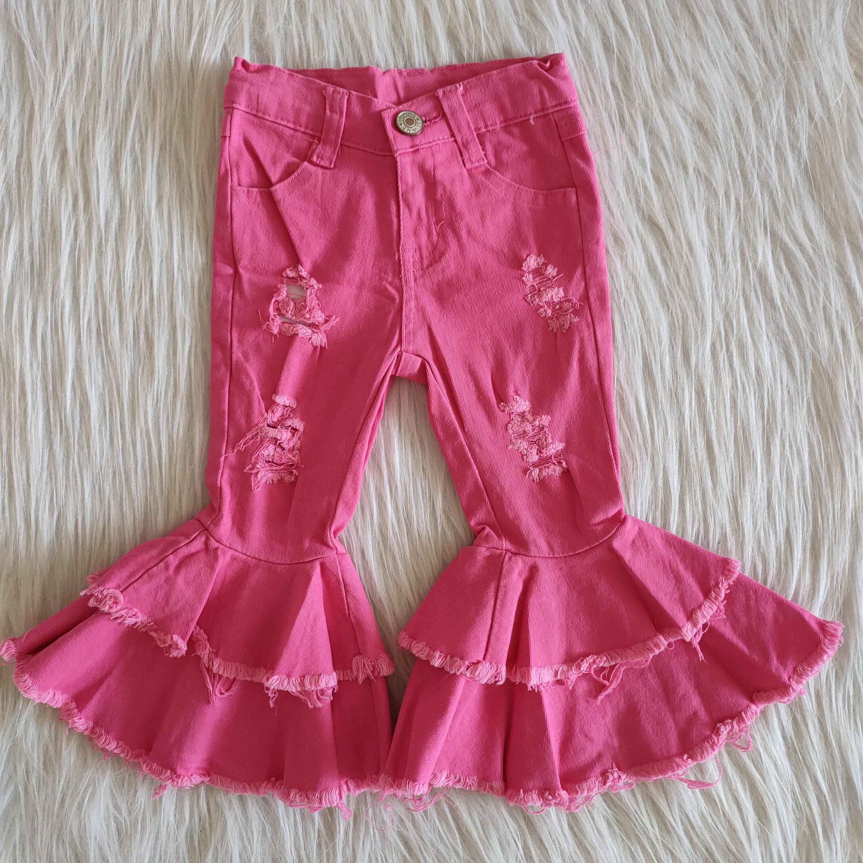Jean déchiré double couche rose pour fille, vêtement de boutique, pantalon à cloche, offre spéciale,