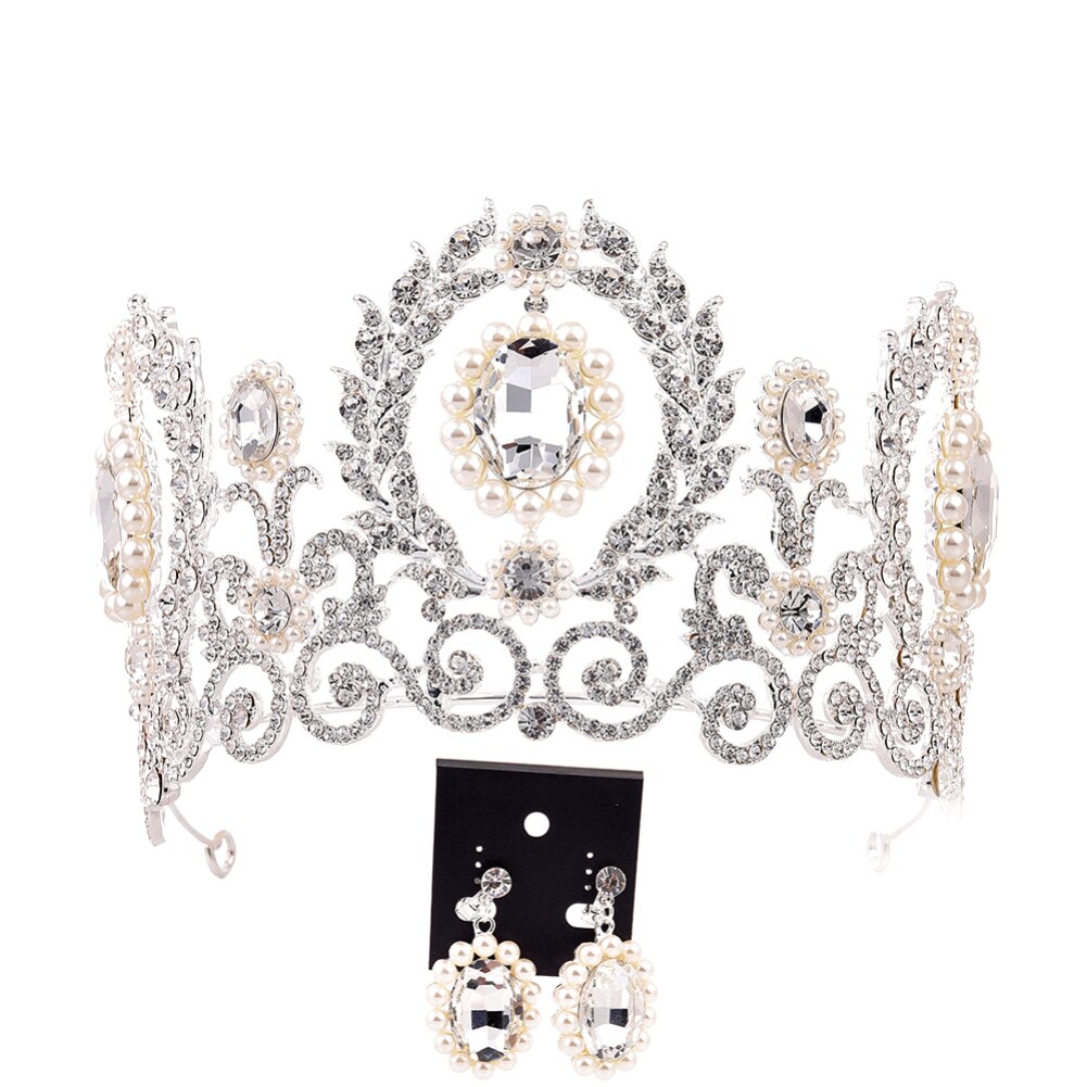 Barroco feminino strass falso pérola coroa tiara brincos conjunto de jóias de casamento