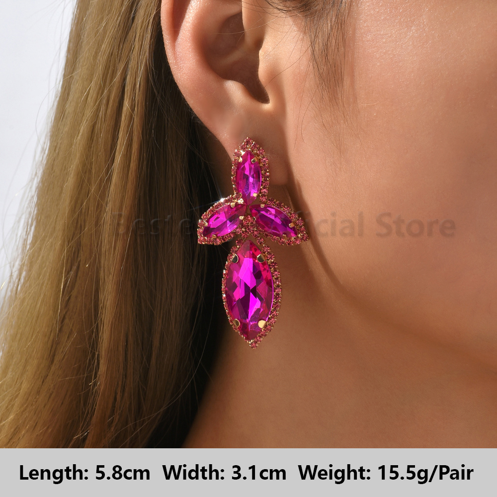 Pendientes colgantes de gota llamativos de diamantes de imitación de color rosa intenso para mujer, colgantes grandes geométricos de de lujo, de joyería para y boda: Zinc negro plateado