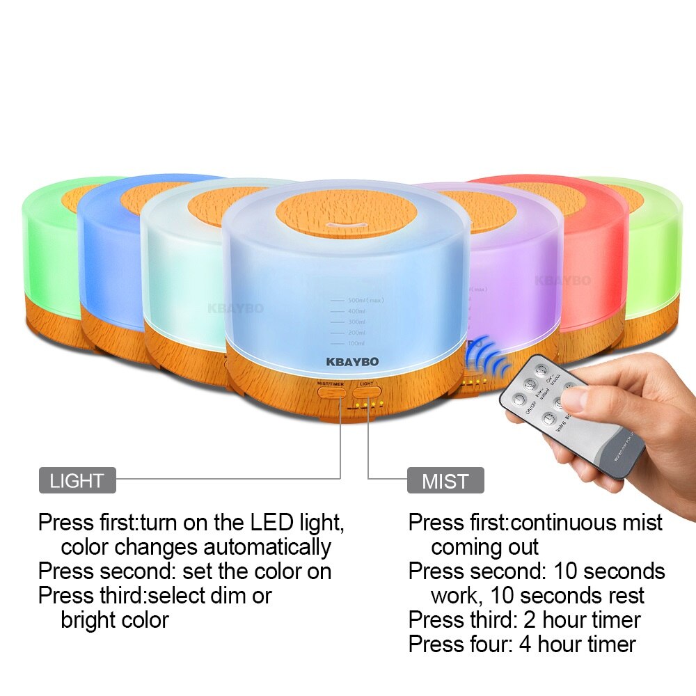 500ml Remote Control Aroma Essential Oil Diffuser Ultrasonic Air Humidifier with 4 Timer Settings LED Lamp