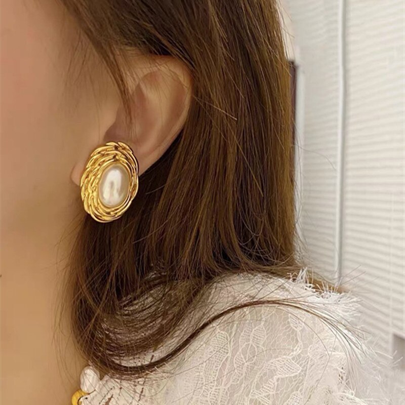 Boucles d&#39;oreilles en perles tissées ovales pour femmes, Style palais rétro européen et américain, boucles d&#39;oreilles françaises élégantes et simples