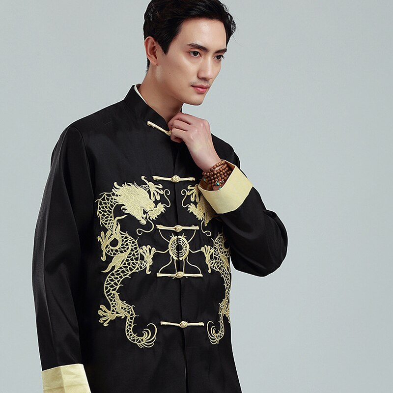 Chinese Kung Fu Geborduurde Gouden Dubbele Draak Tang Pak Mannen Met Lange Mouwen Jas Lente Herfst Leisure Kraag Jas bruce Lee