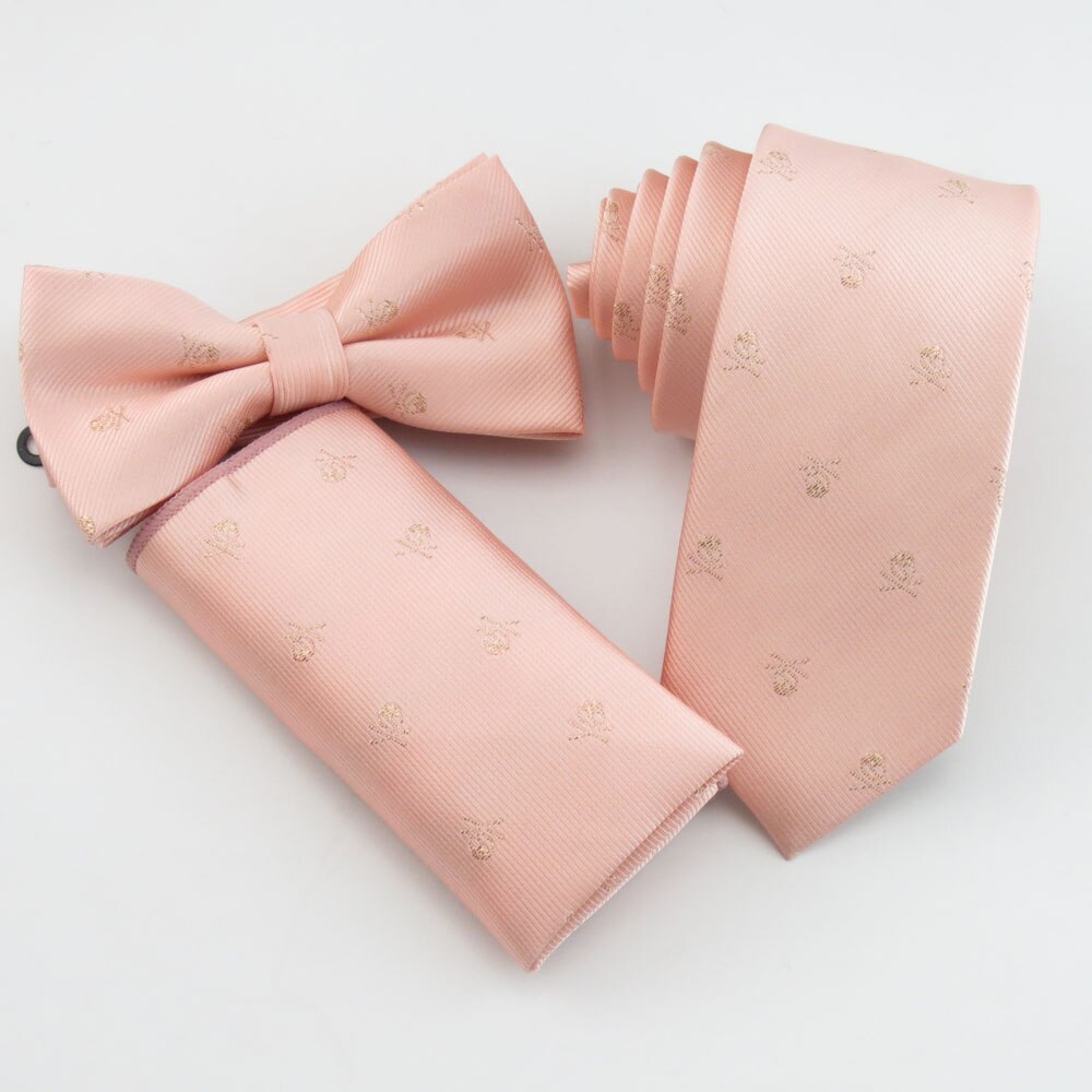 Ljus orange rosa slips setguld skalle fluga liten fickhandduk grunt rosa smala slipsar cravata mans slips: 3 st set