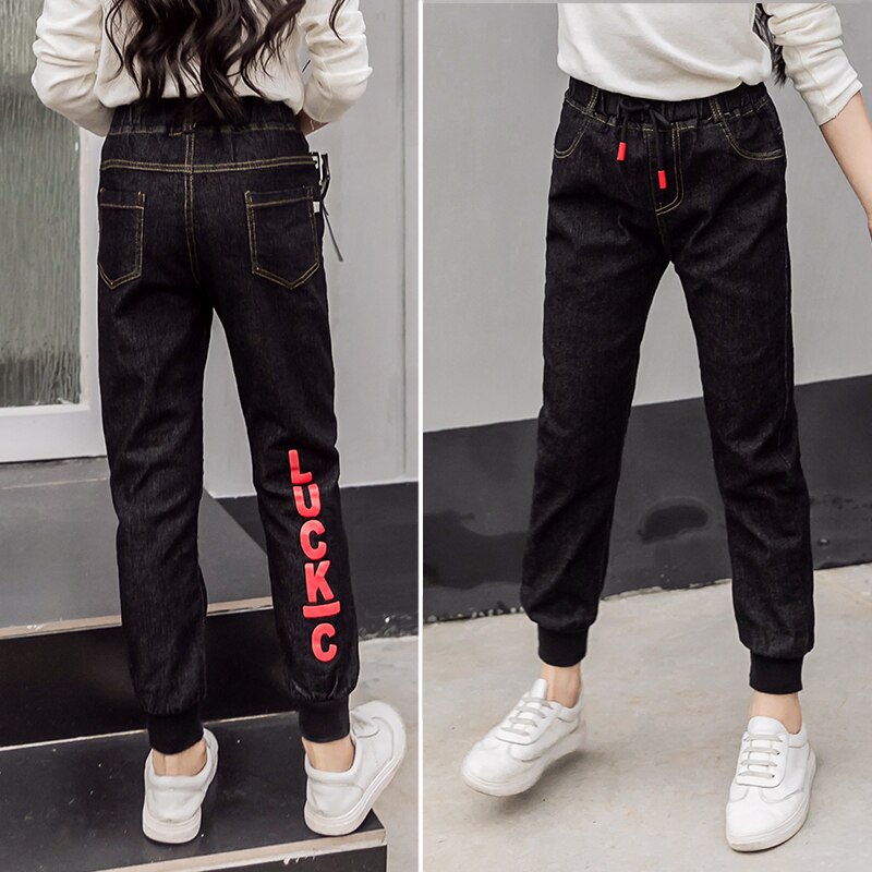 Teenager pige smarte jeans 6y-16y store piger casual denim bukser forår efterår teenager børn bogstav almindelige jean bukser 6 8 10 12 14 16: 045 sorte / 12