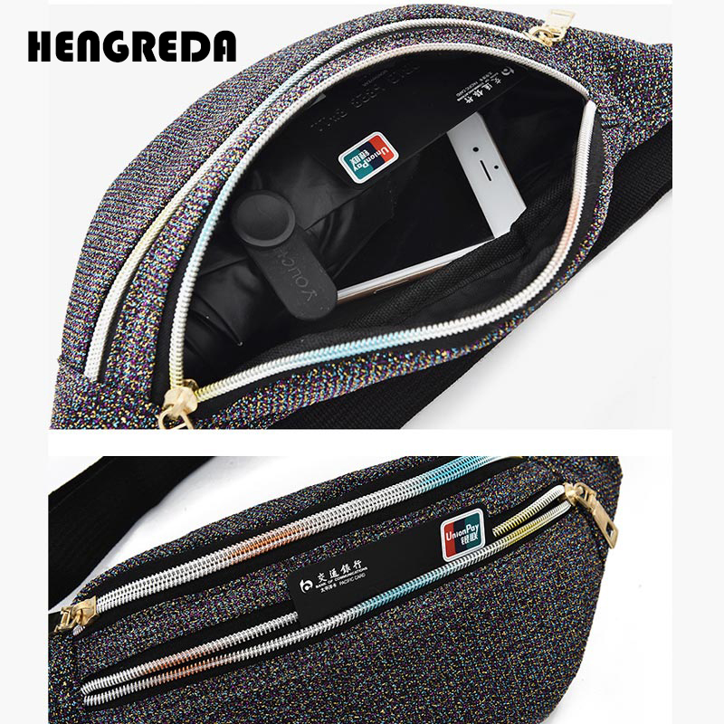 Fanny Pack Women Waist Bag Travel Belt Hip Bum Bag Oxford Pouch Hengreda Shiny Zipper Pocket Purse for Moblie Phone Key