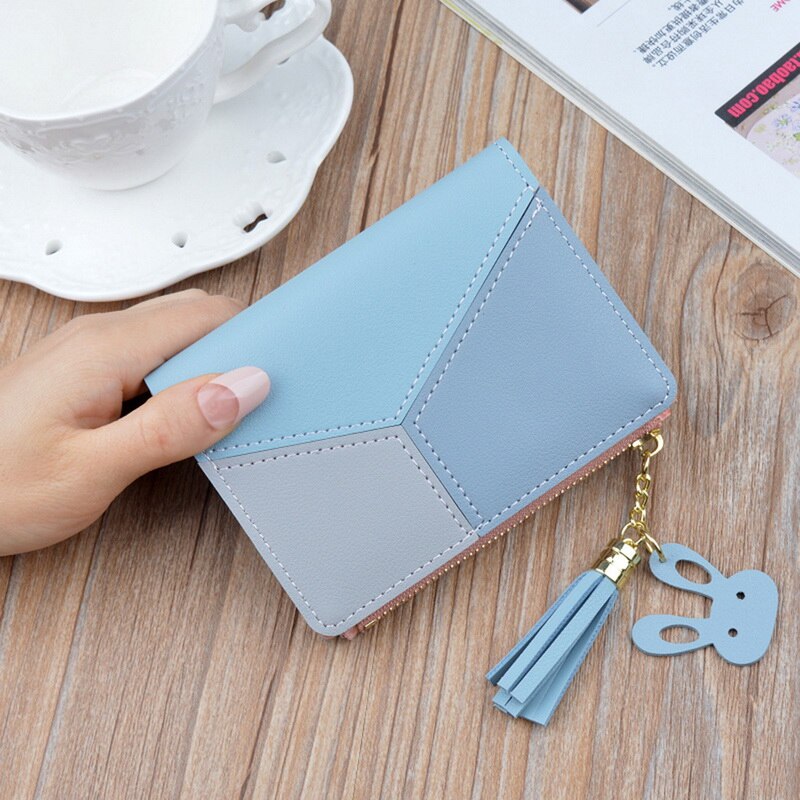 Cartera con cremallera a la para mujer, cartera con borla empalmada, versátil, de cuero PU, tarjetero, billetera encantadora pequeña informal para mujer: Blue