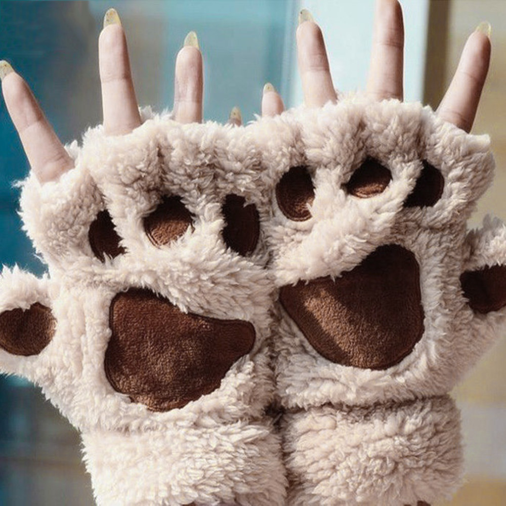 Chaleur sans doigts en peluche gants moelleux Bearr griffe/chat Animal patte doux belle mignon femmes demi doigt couvert costume gants