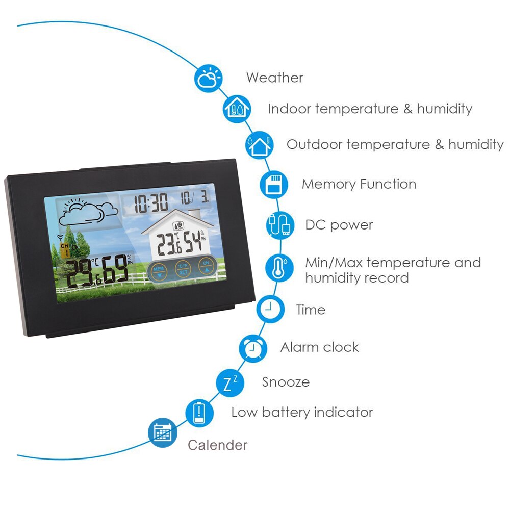 Draadloos weerstation voorspeller binnen- en buitenthermometer hygrometer met sensor kleuren touchscreen wekker kalender