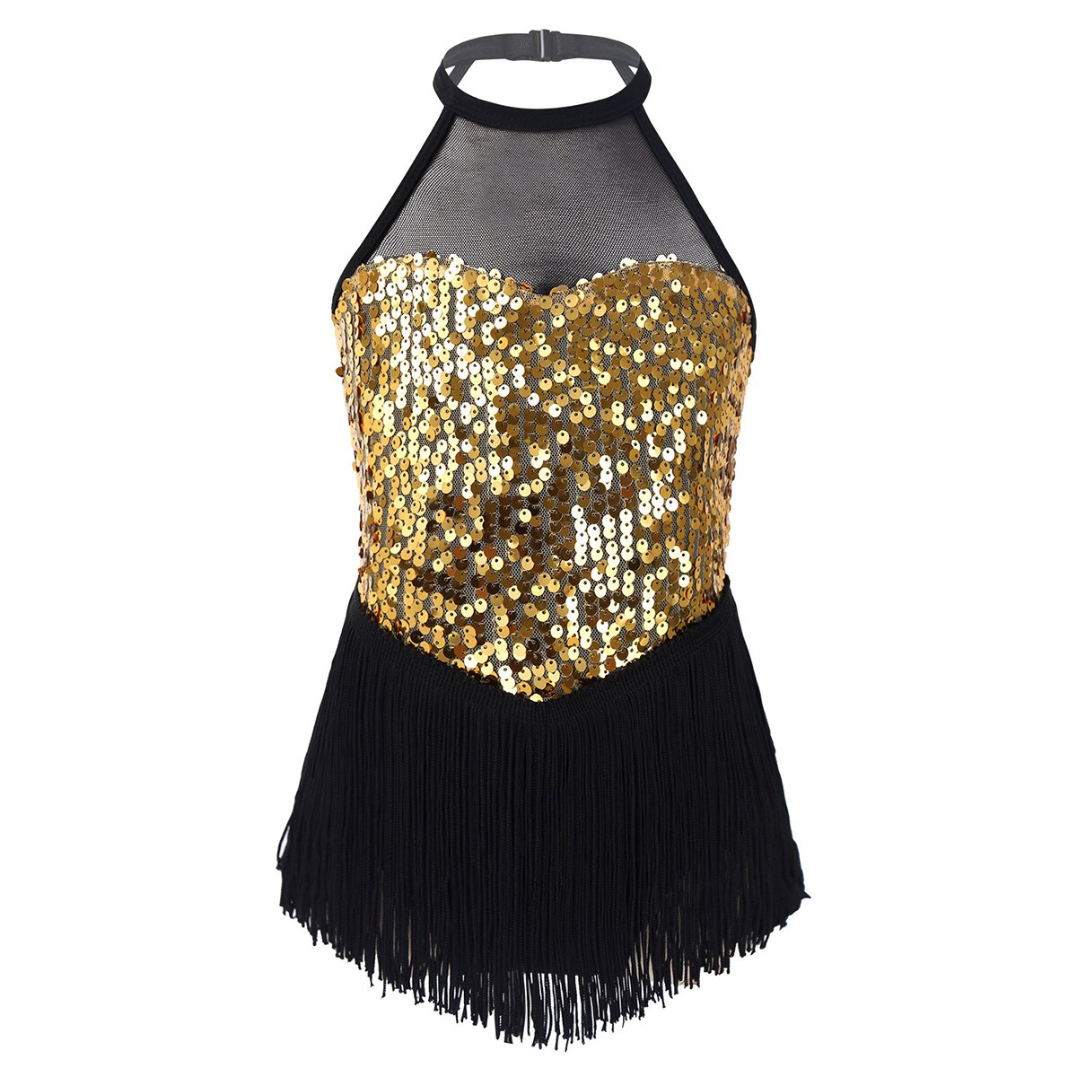 Justaucorps avec jupe à franges pour petites filles, paillettes scintillantes, danse latine, Jazz, col licou, figurine, patinage à glace, Roller, Roller