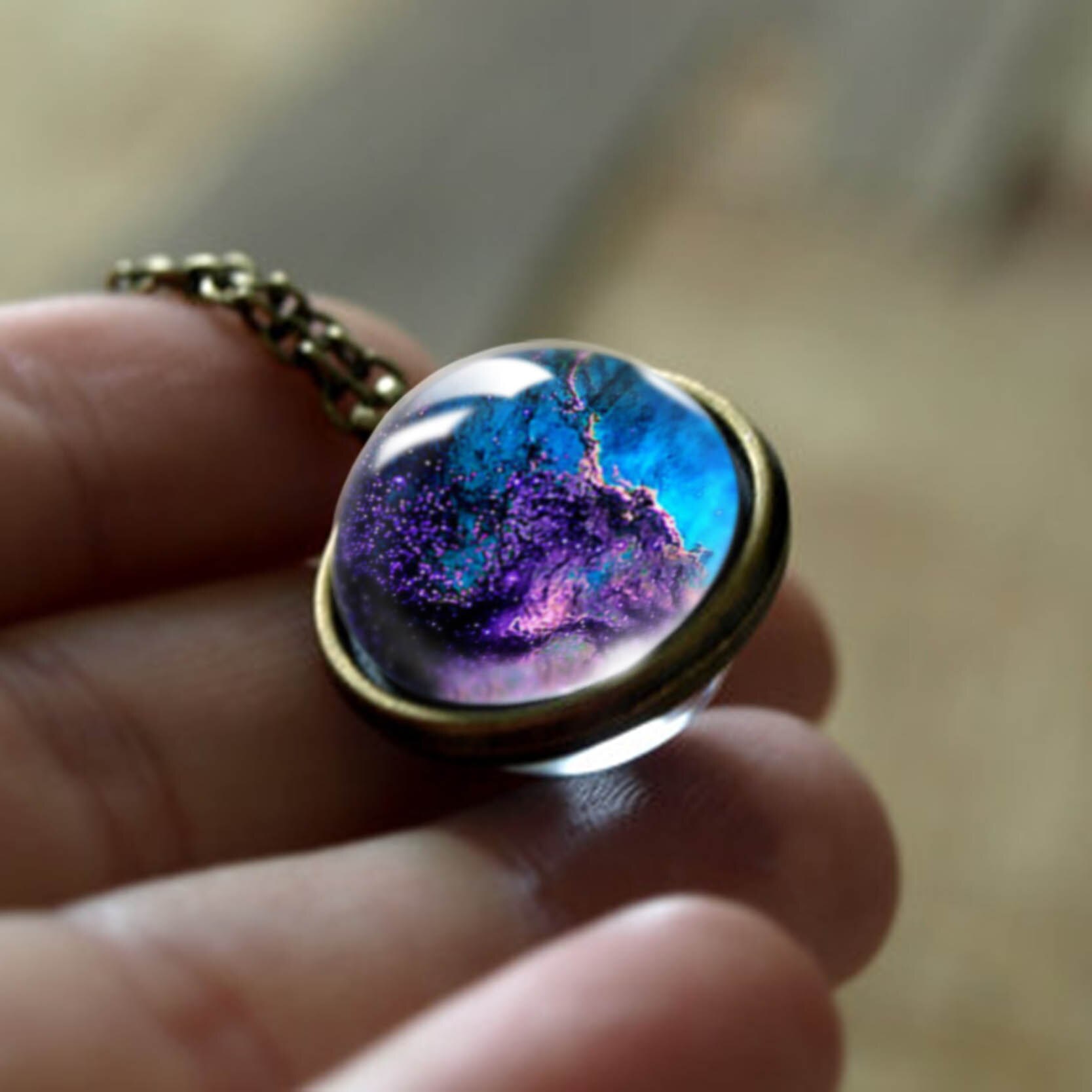 Nebula Galaxy Double Sided Pendant Necklace Universe Planet Jewelry Glass Art Picture Handmade Statement Necklace: LGS0034