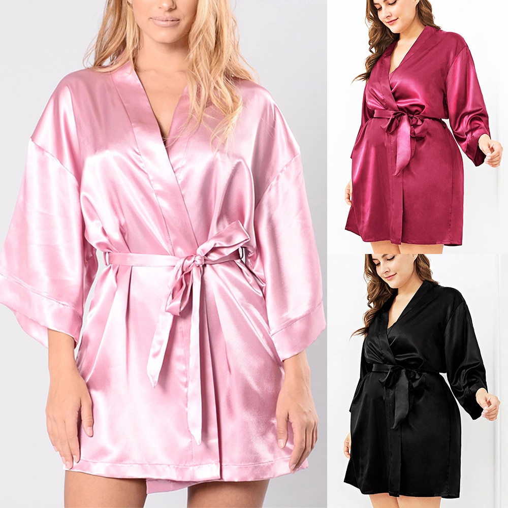Plus Size Silk Women Sleep Wear Bathrobe Nightgown Black Long Sleeve Sash Female Sleepwear Bathgown Large Lady Home Night Dress