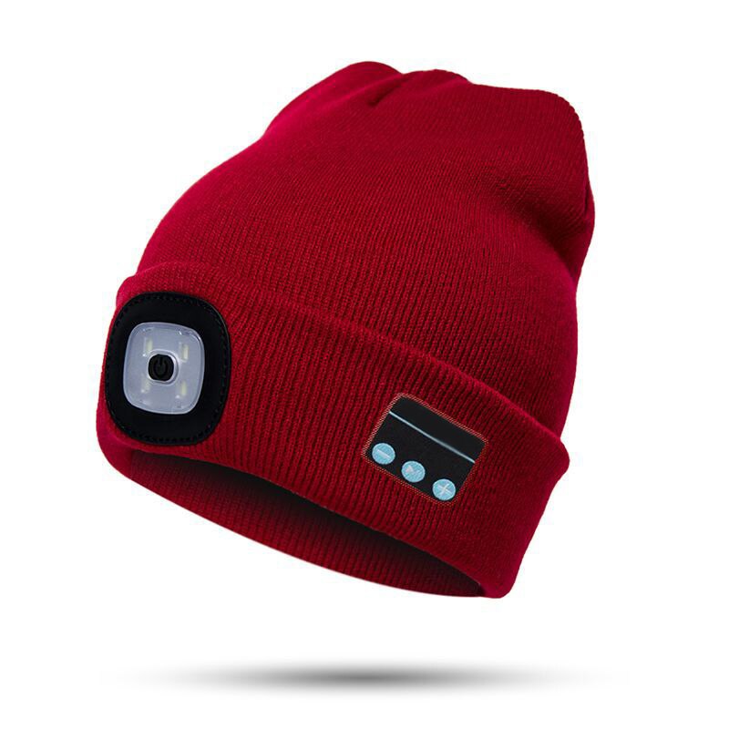 Bluetooth-muts met led-koplamp, verlichte muts, oplaadbaar met draadloze bluetooth-winterwarme gebreide muts en t8: Rood
