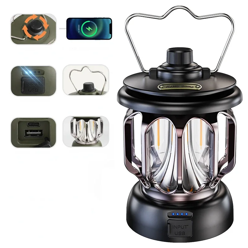 Draagbare Kerosine Vintage Camp Lamp Retro Led Light Outdoor Camping Lantaarn 3 Verlichtingsmodi Tent Licht Voor Wandelen Klimtuin: 6w