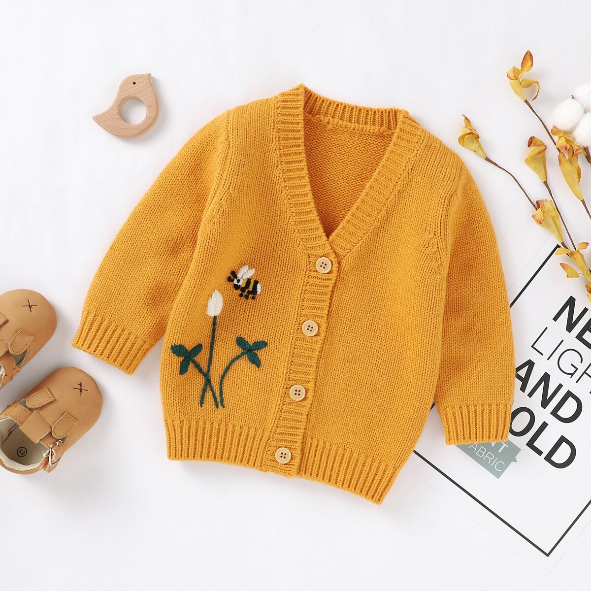 Efterår vinter børn baby sweatere leopard broderi strik frakke spædbarn baby pige dreng v-hals knapper sweatere cardigans overtøj: Gul / 18m