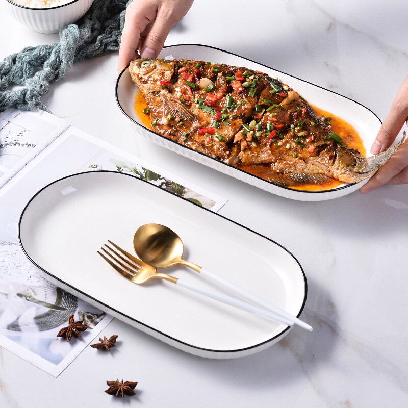 Household Ceramic Steamed Fish Plate, Large Fish Plate, Light Luxury Dish, Dinner Plate, Oval Fish Dish