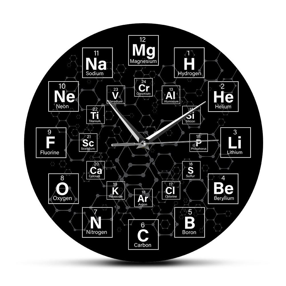 Tabla periódica de los elementos químicos, reloj de pared de ciencia, arte de pared, decoración para aula, reloj de pared, para profesores de Química: No Frame