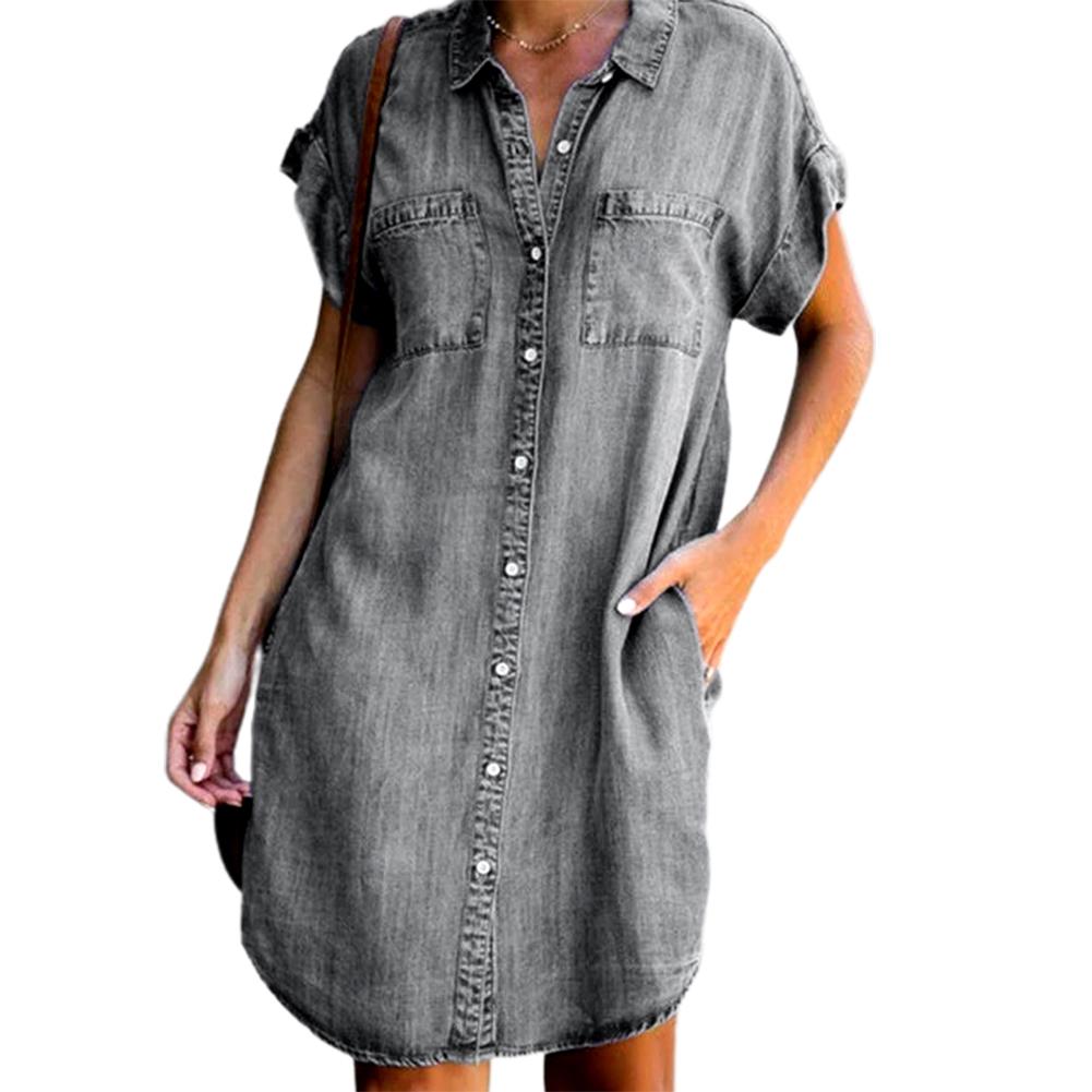 Plus Size Denim Jurk Vrouwen Korte Mouwen Zakken Single-Breasted Onregelmatige Zoom Knielange Losse Jurk Lente Zomer jurken