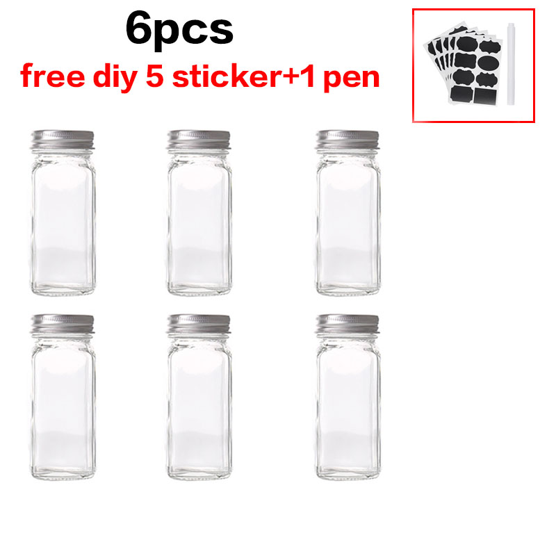Tarros de vidrio para especias, caja de condimentos, tapa de olla, botella de condimentos, suministros de cocina de vidrio y materiales, juego de botes para salero: 6pcs