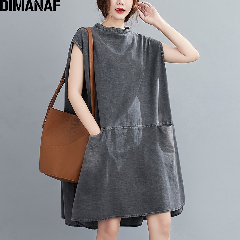 Dimanaf plus size dam klänning vintage tjocka jeans stor storlek vestidos lös dam klänning ärmlös knälång ficka