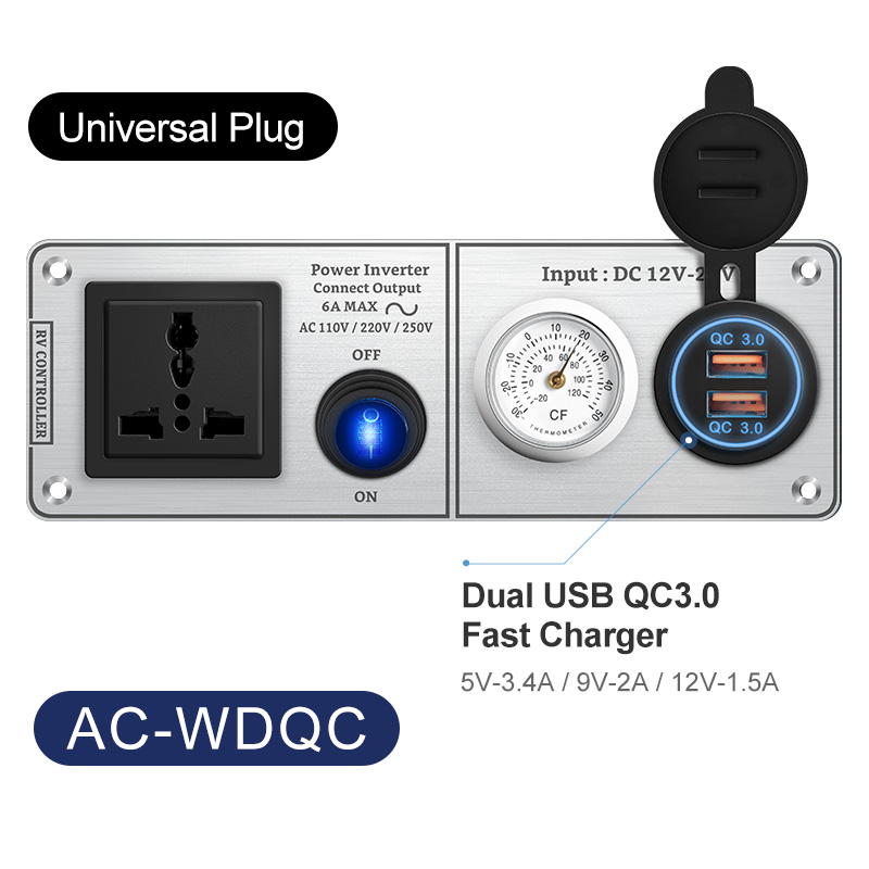 Autoladegerät Multifunktions-Aluminium-Panel-Thermometer AC110V 220V Dual Port USB QC3.0 12V 24V für Wohnmobil-Yacht-Reiseanhänger: Brown