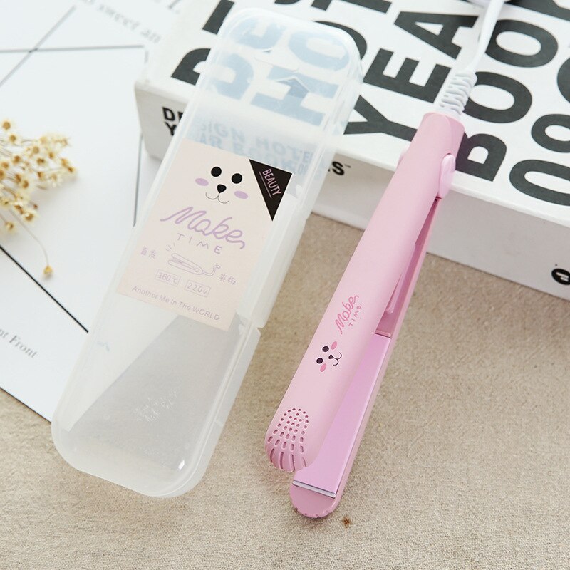 1PCs Mini Portable Steam Flat Hair Iron Hair Straightener Curler Straightening Cute Cartoon Curling Hair Irons: Pink
