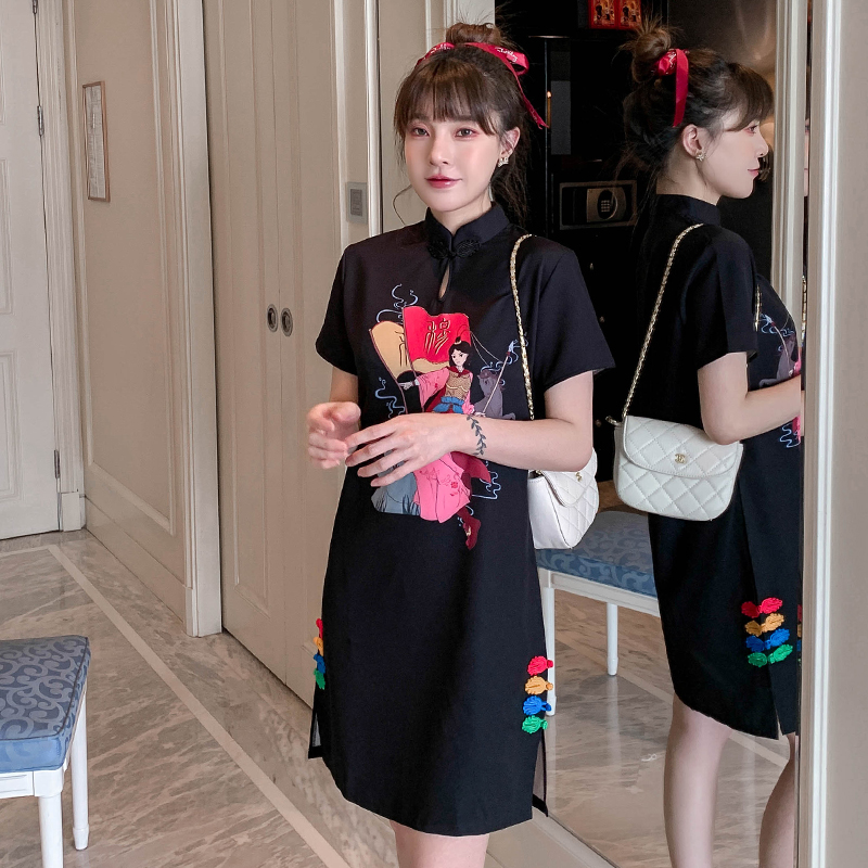 Plus Size M-4XL Black Casual Party Loose Modern Cheongsam Dress Women Short Sleeve Qipao Traditional Chinese Clothes