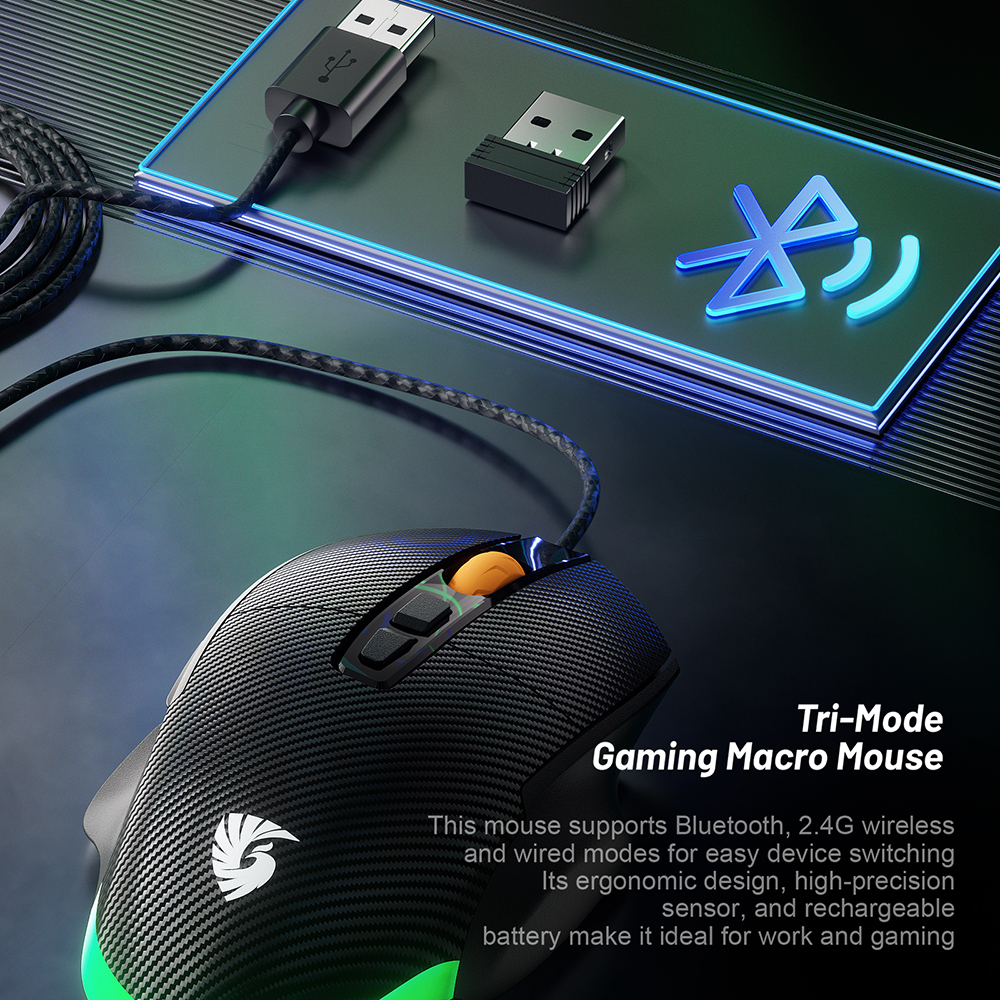 Chatreey Gaming Mouse 12800DPI 1000Hz BT/2.4G/ Wireless 7 Buttons Macro Mouse for E-sports Ergonomic RGB Backlit