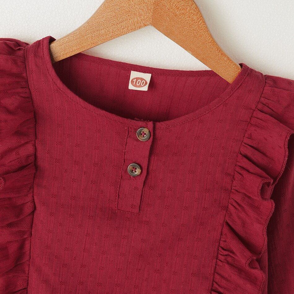 Camisa da menina da criança 2021 primavera moda bebê vermelho meninas blusas bonito manga longa plissado tops crianças roupas