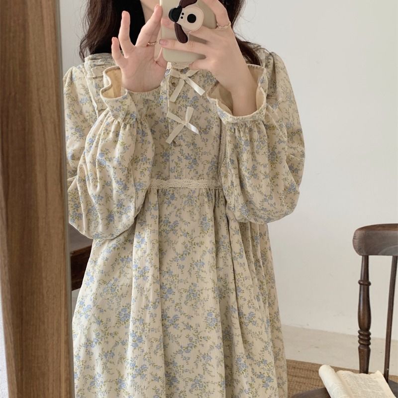 Floral Print Nightgown Sleepwear Womens Korean Style Ruffles Night Dress One Piece Pajamas Autumn Long Sleeve Bow Home Wear: XXL