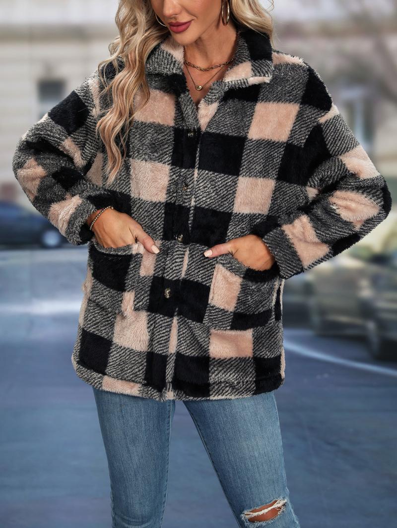 Jahrgang Jacke für Frauen Mantel Winter Oberbekleidung Knopf Karo Streetwear Tasche Outfit koreanische Herbst weibliche Kleidung