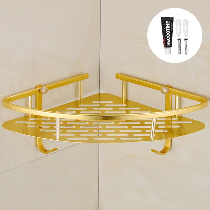 Estantes colgantes para baño, organizador de 2 capas, estante de esquina, soporte para champú sin perforaciones, estante de almacenamiento, cesta de inodoro: A-Gold 1 layer