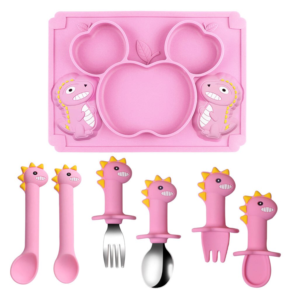 Silicone Baby Zuignap Plaat Slabbetjes Voeden Set Servies Bestek Kinderen Rvs Lepel En Vork Doseren Gerechten Din: Pink 7pcs