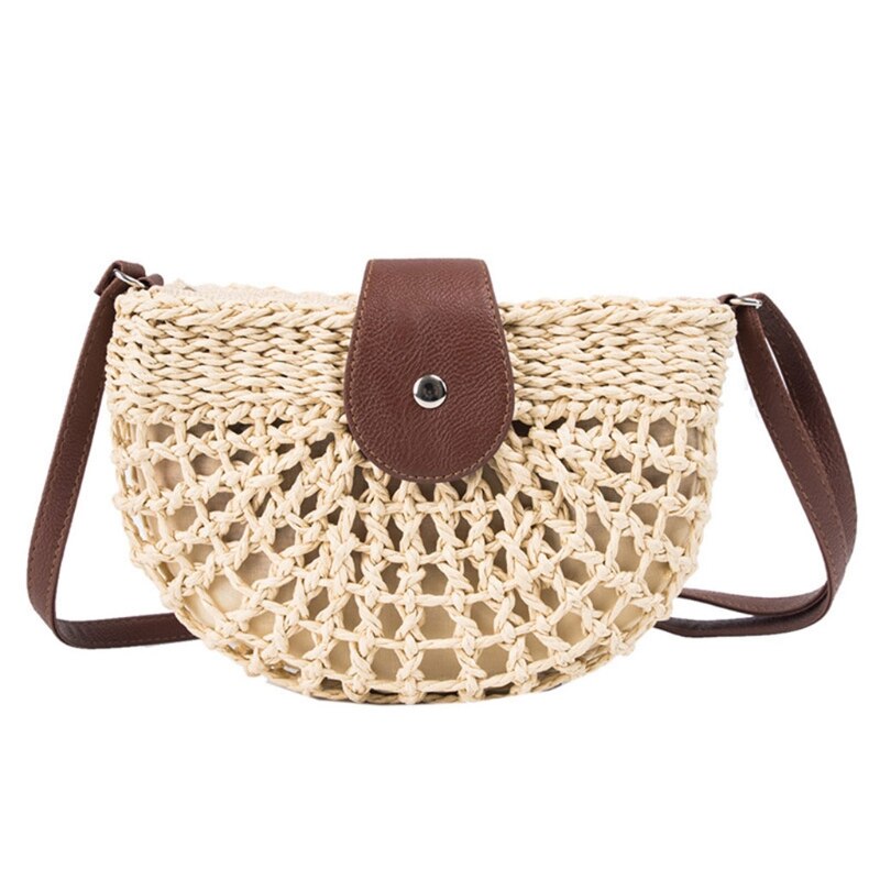 Damen-umhängetasche aus gewebtem stroh, halbrunde schultertasche, sommer-Bote-tasche für damen: Bg
